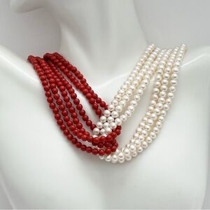 Stunning Vintage 14 Karat Red Coral Pearl Choker Necklace